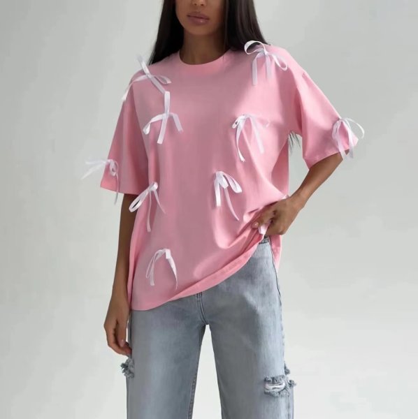 画像7: Women's Round neck Ribbon point short sleeve T-shirt　ラウンドネックリボン付き半袖Tシャツ (7)