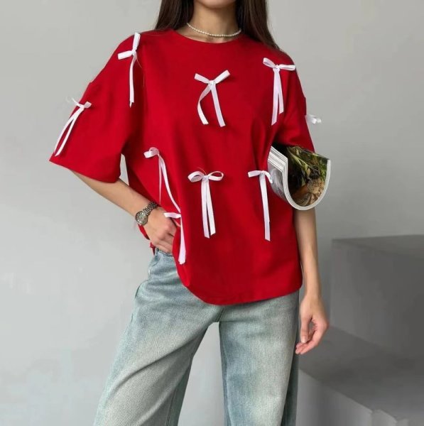 画像2: Women's Round neck Ribbon point short sleeve T-shirt　ラウンドネックリボン付き半袖Tシャツ (2)
