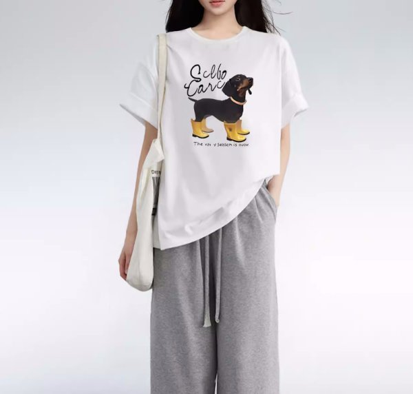 画像5: Women's Round neck Dog print with long boots short sleeve T-shirt　ラウンドネック長靴を履いた犬ドッグプリント半袖Tシャツ (5)