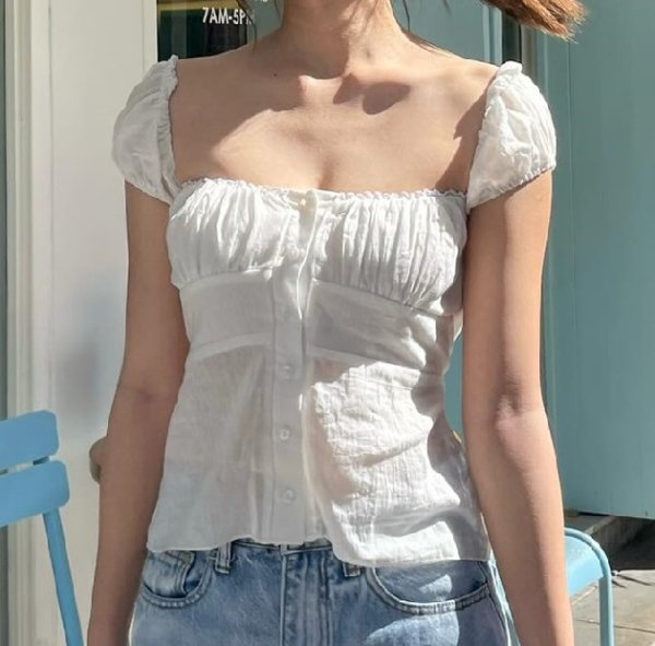 画像2: Women's Square neck buttoned blouse　ボタン付きスクエアネックショート丈ブラウス (2)