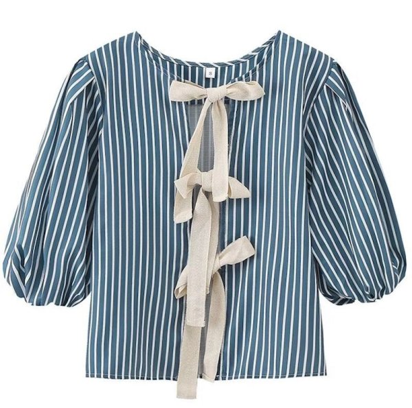 画像1: Women's French Striped lace-up ribbon loose blouse　フレンチストライプボーダーレースアップリボン結びシャツブラウス (1)