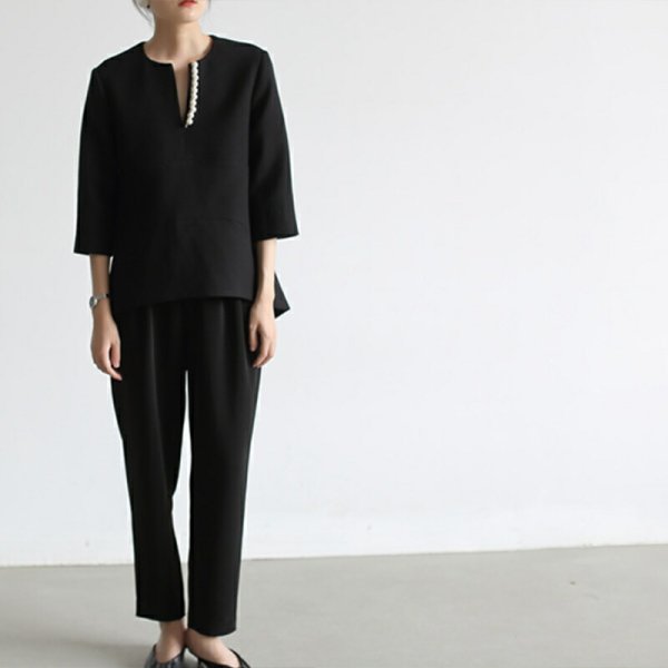 画像6: Women's V-neck 3/4 sleeve pearl blouse　Vネックパール付き7分袖シャツブラウス (6)