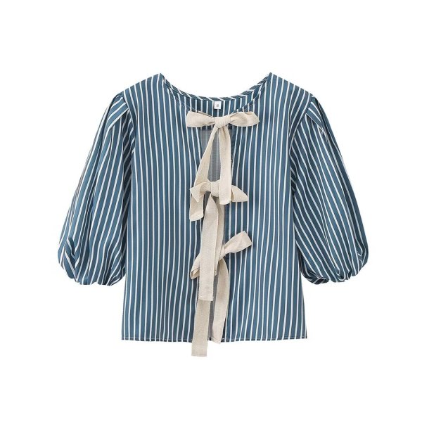 画像7: Women's French Striped lace-up ribbon loose blouse　フレンチストライプボーダーレースアップリボン結びシャツブラウス (7)