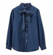 画像1: Women's Blue denim dungaree bowtie shirt blouse　ブルーデニムダンガリーボウタイシャツブラウス (1)