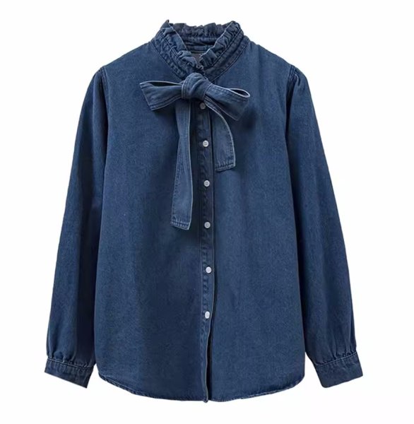 画像1: Women's Blue denim dungaree bowtie shirt blouse　ブルーデニムダンガリーボウタイシャツブラウス (1)