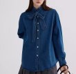 画像2: Women's Blue denim dungaree bowtie shirt blouse　ブルーデニムダンガリーボウタイシャツブラウス (2)