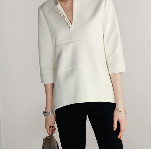 画像5: Women's V-neck 3/4 sleeve pearl blouse　Vネックパール付き7分袖シャツブラウス (5)