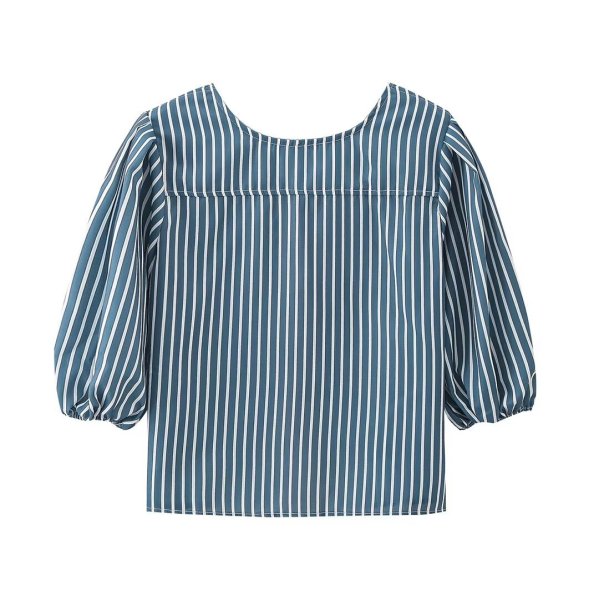 画像2: Women's French Striped lace-up ribbon loose blouse　フレンチストライプボーダーレースアップリボン結びシャツブラウス (2)
