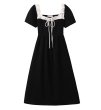画像1: Women's Square neck ribbon mid-length dress one-piece  　スクエアネックレースリボンミドル丈フレンチワンピースドレス (1)
