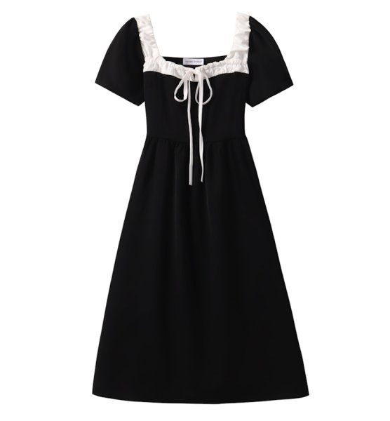 画像1: Women's Square neck ribbon mid-length dress one-piece  　スクエアネックレースリボンミドル丈フレンチワンピースドレス (1)
