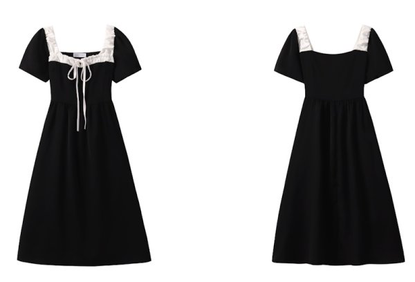 画像3: Women's Square neck ribbon mid-length dress one-piece  　スクエアネックレースリボンミドル丈フレンチワンピースドレス (3)