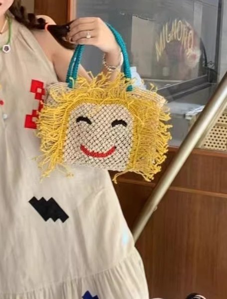 画像2: Smile Handwoven Straw Basket Bag　スマイル編み込みフリンジ籠かごカゴトートショルダーアンダーアームバッグかばん (2)
