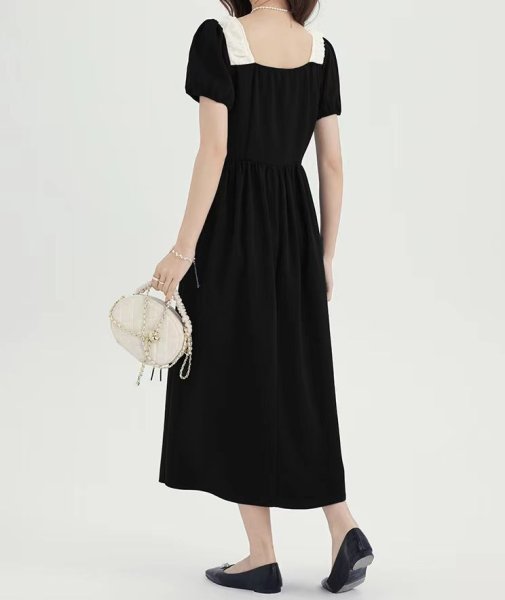 画像5: Women's Square neck ribbon mid-length dress one-piece  　スクエアネックレースリボンミドル丈フレンチワンピースドレス (5)