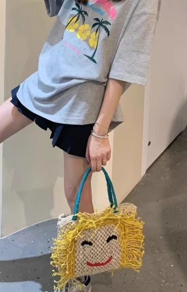 画像5: Smile Handwoven Straw Basket Bag　スマイル編み込みフリンジ籠かごカゴトートショルダーアンダーアームバッグかばん (5)