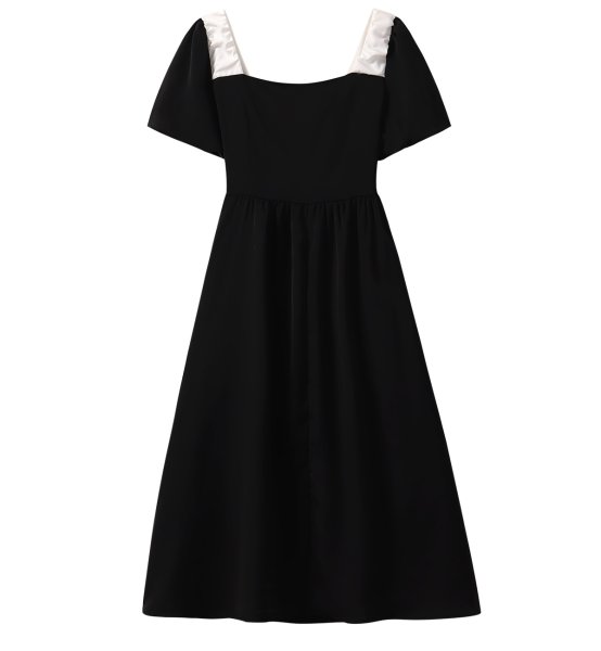 画像2: Women's Square neck ribbon mid-length dress one-piece  　スクエアネックレースリボンミドル丈フレンチワンピースドレス (2)