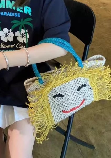 画像3: Smile Handwoven Straw Basket Bag　スマイル編み込みフリンジ籠かごカゴトートショルダーアンダーアームバッグかばん (3)