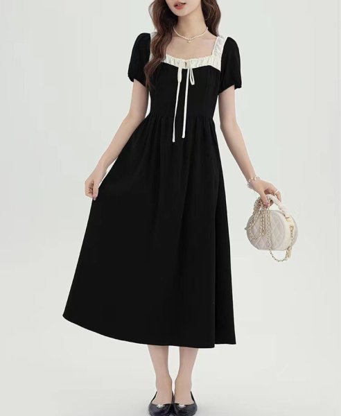 画像4: Women's Square neck ribbon mid-length dress one-piece  　スクエアネックレースリボンミドル丈フレンチワンピースドレス (4)