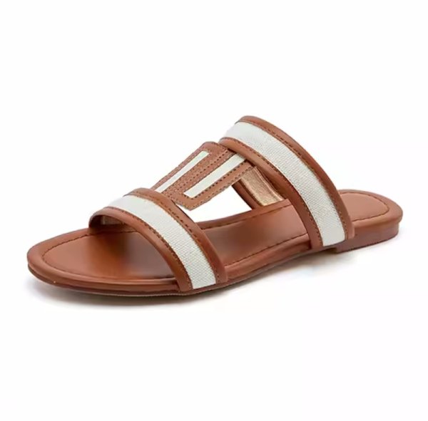 画像1: Women's Double T Leather & Canvas Flat Sandals Slippers　 フラットレザー&キャンバスダブルT サンダル スリッパ  (1)