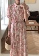 画像2: Women's Lapel Inkprint Pafslieb Knee-length dress　パフスリーブ ひざ下丈インクプリントシャツカラーワンピースドレス (2)