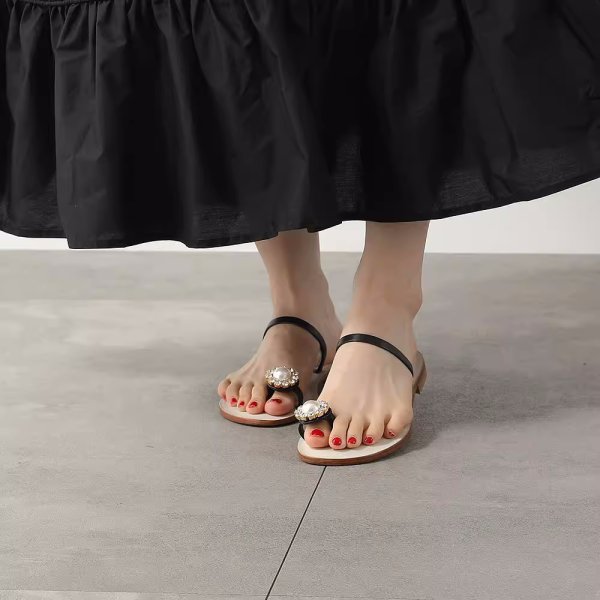 画像3: Women's Rhinestone pearl string toe strap flat sandals  Slippers　 ラインストーンパールひもつま先ストラップフラットサンダル スリッパ  (3)