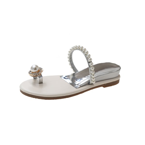 画像1: Women's Rhinestone pearl string toe strap flat sandals  Slippers　 ラインストーンパールひもつま先ストラップフラットサンダル スリッパ  (1)
