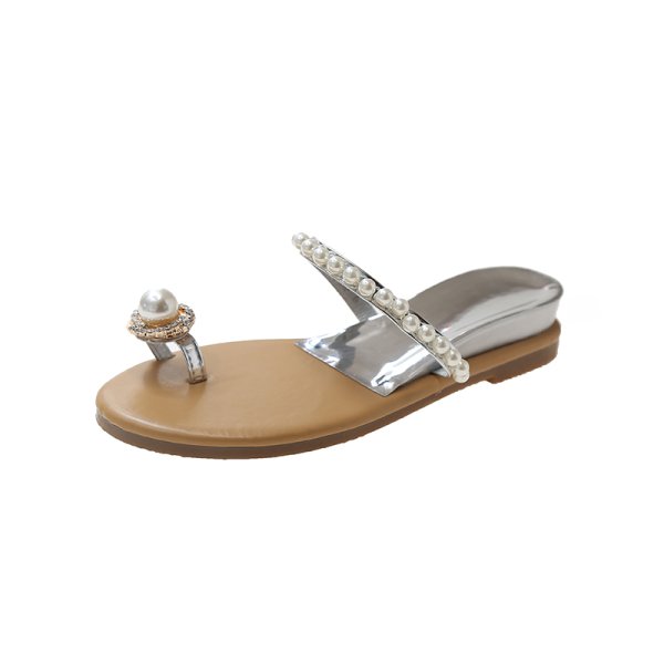 画像2: Women's Rhinestone pearl string toe strap flat sandals  Slippers　 ラインストーンパールひもつま先ストラップフラットサンダル スリッパ  (2)