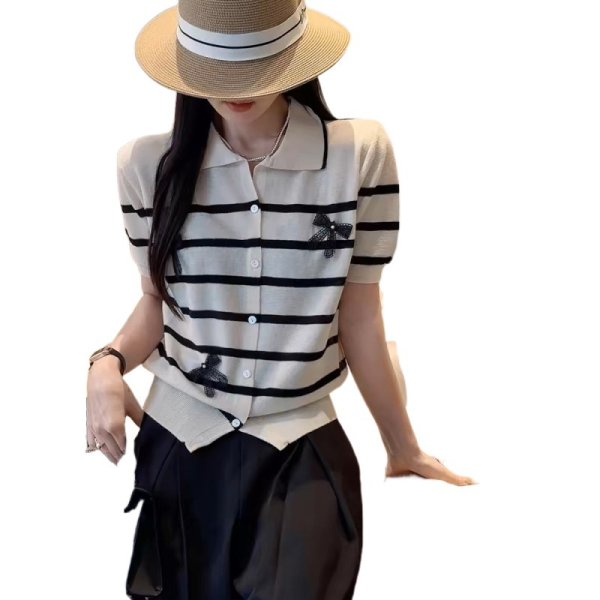 画像2: Women's  Polo collar striped color block lapel sweater cardigan jacket with ribbon pullover 　リボン付きポロカラーストライプカラーブロックラペルセーターカーディガンジャケットプルオーバー (2)