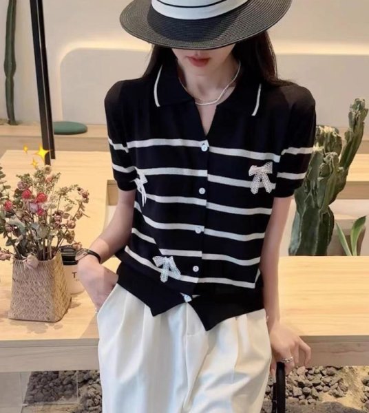 画像3: Women's  Polo collar striped color block lapel sweater cardigan jacket with ribbon pullover 　リボン付きポロカラーストライプカラーブロックラペルセーターカーディガンジャケットプルオーバー (3)