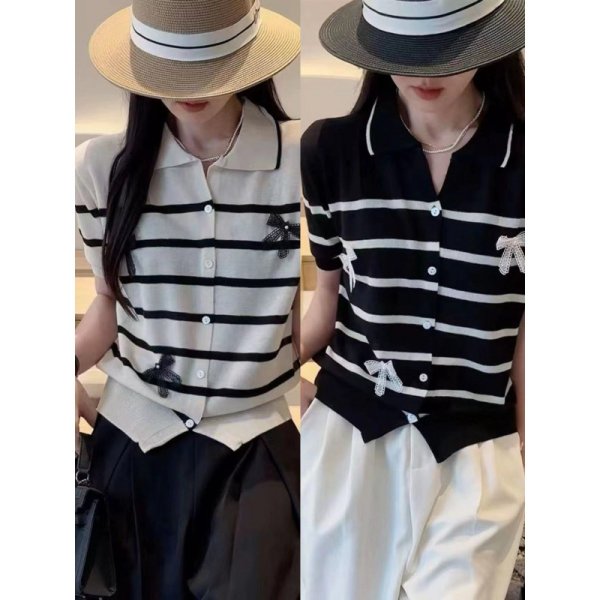 画像4: Women's  Polo collar striped color block lapel sweater cardigan jacket with ribbon pullover 　リボン付きポロカラーストライプカラーブロックラペルセーターカーディガンジャケットプルオーバー (4)