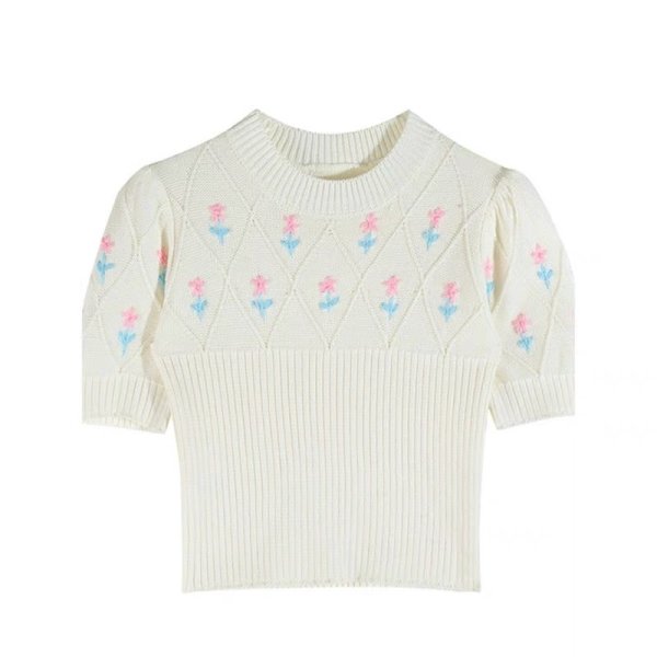 画像1: Women's Flower embroidered short pullover sweater　フラワー刺繍ショート丈プルオーバーセーター (1)