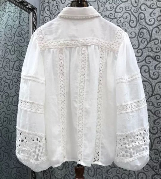 画像3: Women's Lantern sleeve lace knit linen shirt　フレンチパフラタンスリーブリネンレース編み付きシャツブラウス (3)