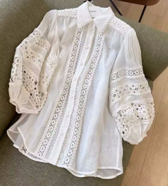 画像5: Women's Lantern sleeve lace knit linen shirt　フレンチパフラタンスリーブリネンレース編み付きシャツブラウス (5)