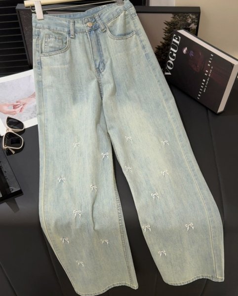 画像3: Ribbon embroidered denim jeans high waist wide pants 　ハイウエストリボン 刺繍デニムジーンズワイド パンツ (3)