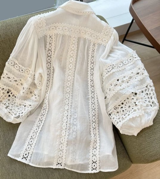 画像6: Women's Lantern sleeve lace knit linen shirt　フレンチパフラタンスリーブリネンレース編み付きシャツブラウス (6)