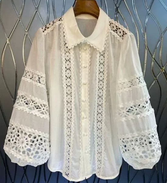 画像4: Women's Lantern sleeve lace knit linen shirt　フレンチパフラタンスリーブリネンレース編み付きシャツブラウス (4)