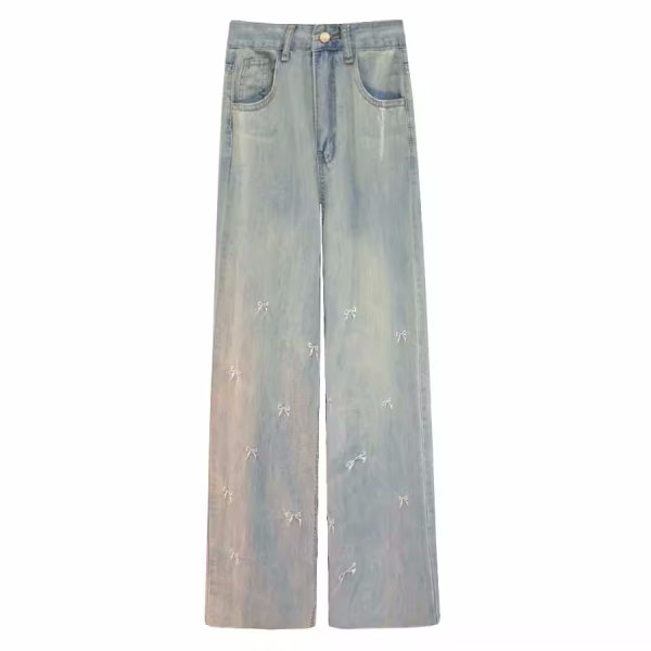 画像1: Ribbon embroidered denim jeans high waist wide pants 　ハイウエストリボン 刺繍デニムジーンズワイド パンツ (1)