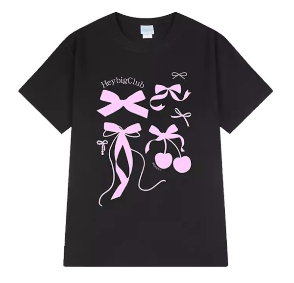 画像1: Ribbon and cherry print short sleeve T-shirt　ラウンドネックリボン＆チェリープリント半袖Tシャツ (1)