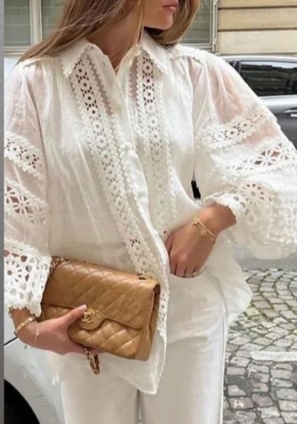 画像2: Women's Lantern sleeve lace knit linen shirt　フレンチパフラタンスリーブリネンレース編み付きシャツブラウス (2)