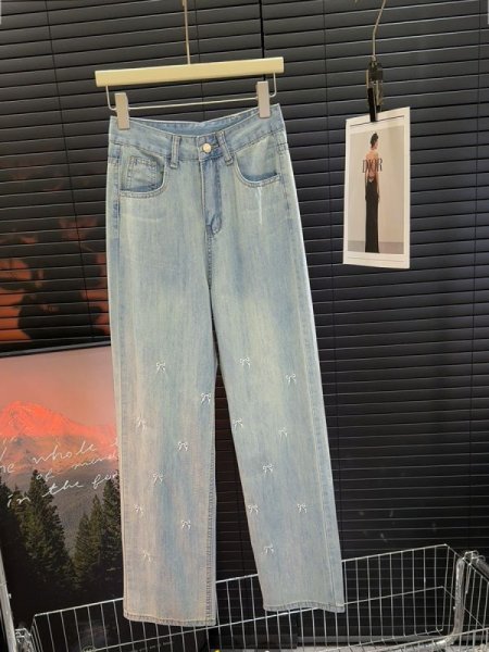画像4: Ribbon embroidered denim jeans high waist wide pants 　ハイウエストリボン 刺繍デニムジーンズワイド パンツ (4)