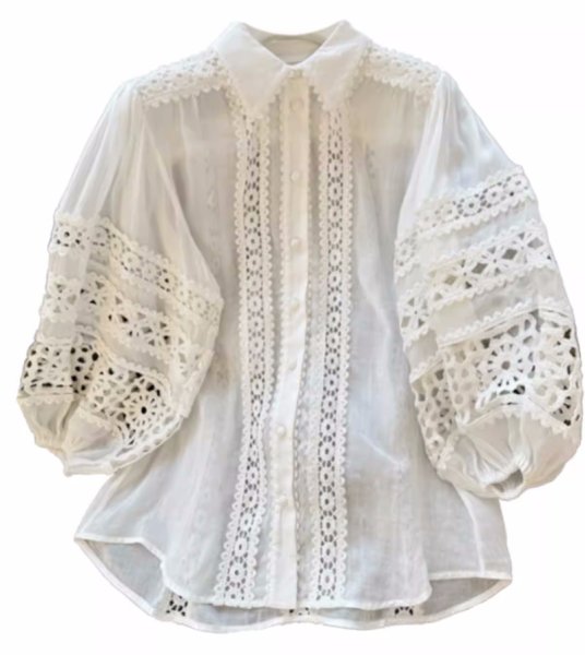 画像1: Women's Lantern sleeve lace knit linen shirt　フレンチパフラタンスリーブリネンレース編み付きシャツブラウス (1)