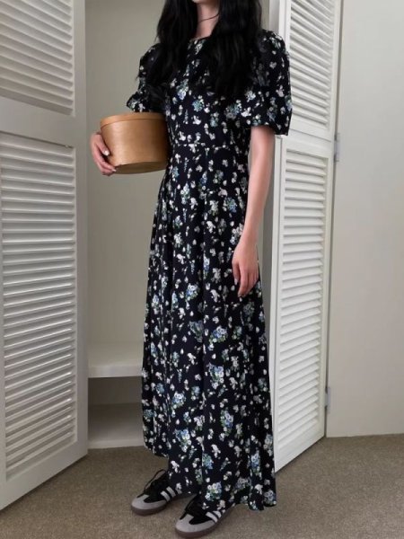 画像4: Women's Floral print puff sleeve long dress　パフスリーブ ロング丈フローラルワンピースマキシ丈ドレス (4)