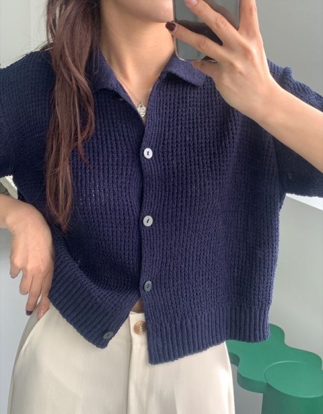 画像3: Women's Polo collar short sleeve cardigan sweater knit 　ポロカラー襟付きカーディガンセータージャケットプルオーバー (3)