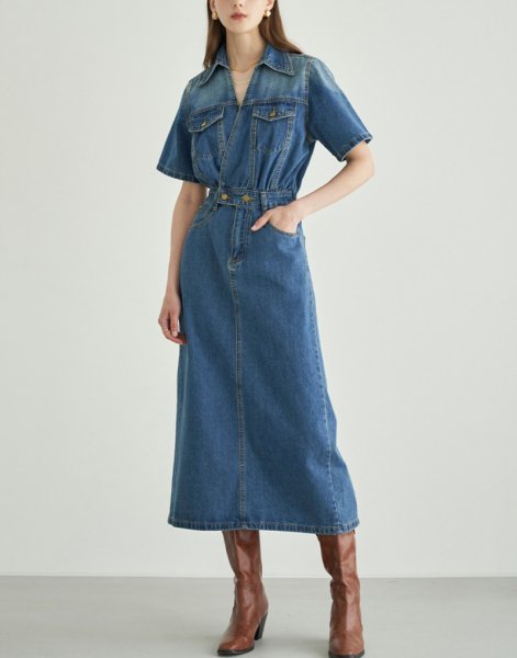 画像2: Women's V-neck high waist short sleeve denim midi dress　　Vネックデニムハイウエスト膝下ミディアム丈ワンピースドレス (2)