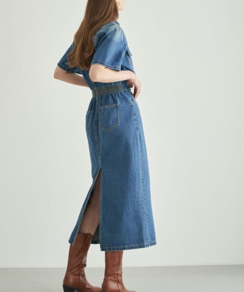 画像7: Women's V-neck high waist short sleeve denim midi dress　　Vネックデニムハイウエスト膝下ミディアム丈ワンピースドレス (7)
