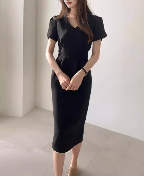 画像9: Women's Puff sleeve tuck knee length mid-calf tight dress　パフスリーブ ひざ下丈ミモレ丈タイトワンピースドレス (9)