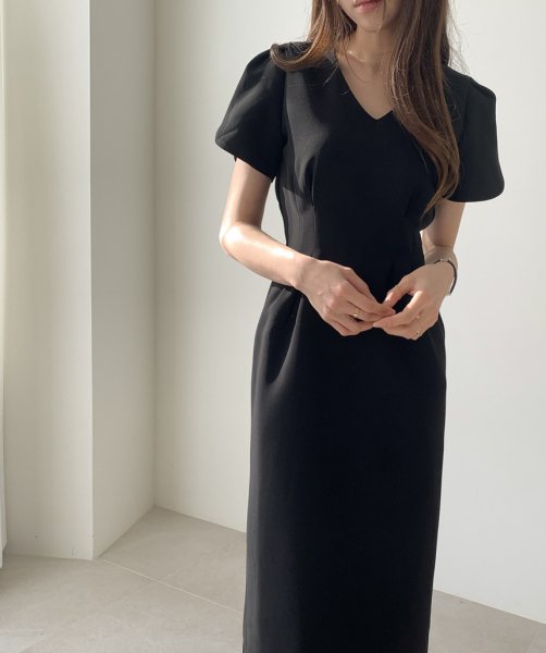 画像6: Women's Puff sleeve tuck knee length mid-calf tight dress　パフスリーブ ひざ下丈ミモレ丈タイトワンピースドレス (6)