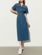 画像5: Women's V-neck high waist short sleeve denim midi dress　　Vネックデニムハイウエスト膝下ミディアム丈ワンピースドレス (5)