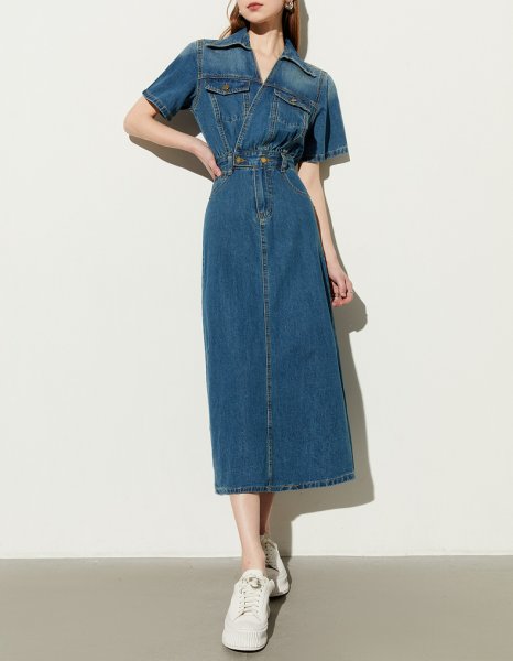 画像5: Women's V-neck high waist short sleeve denim midi dress　　Vネックデニムハイウエスト膝下ミディアム丈ワンピースドレス (5)