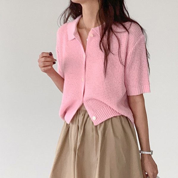 画像4: Women's Polo collar short sleeve cardigan sweater knit 　ポロカラー襟付きカーディガンセータージャケットプルオーバー (4)