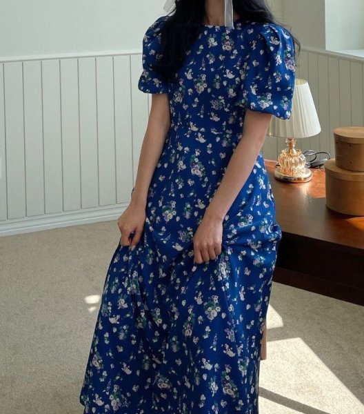 画像6: Women's Floral print puff sleeve long dress　パフスリーブ ロング丈フローラルワンピースマキシ丈ドレス (6)